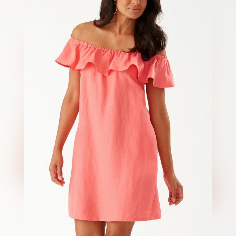 Tommy Bahama Linen Blend Off Shoulder Dress Angel Falls Ruffle Dress Size M